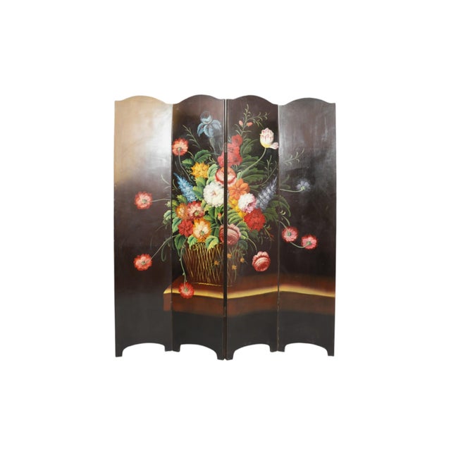 An Italian Renaissance style hand painted four panel screen. Four wooden panels, carved with a gentle arched top and base,...
