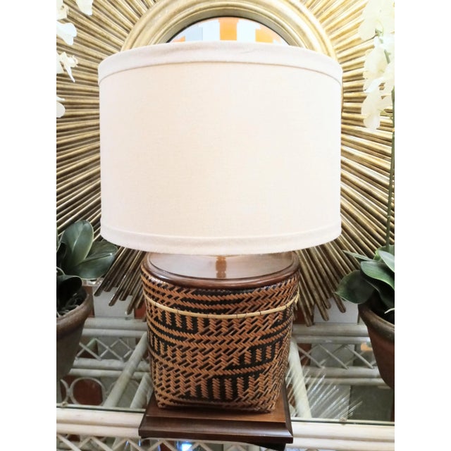 Vintage Wicker Basket and Wood Base Large Table Lamp With Tan Linen Shade For Sale - Image 9 of 9