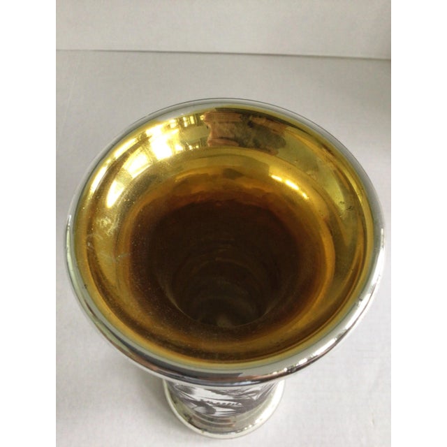 Glass 1920s Mercury Glass Vase With Etched Decal Design For Sale - Image 7 of 8