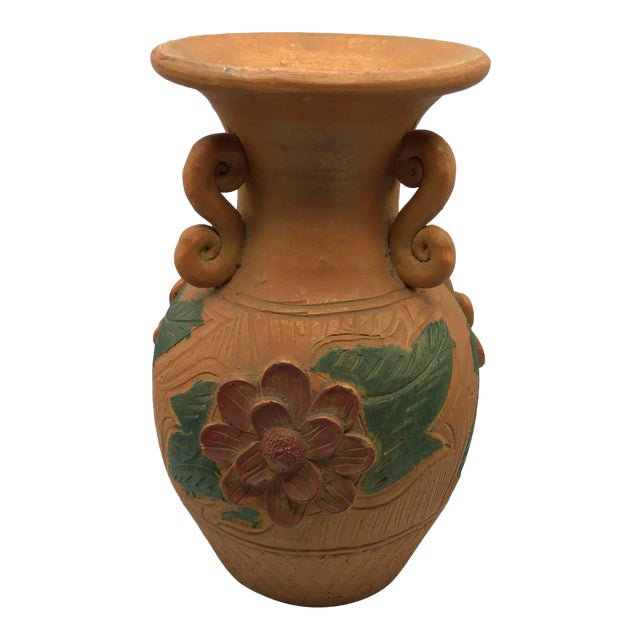 Large Hand Thrown 3 Handle Terra-Cotta Vase Floral Decorated For Sale