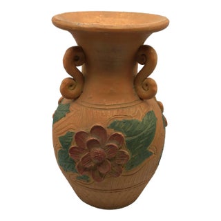 Terra-Cotta Vase Large Hand Thrown 3 Handle Floral Decorated For Sale