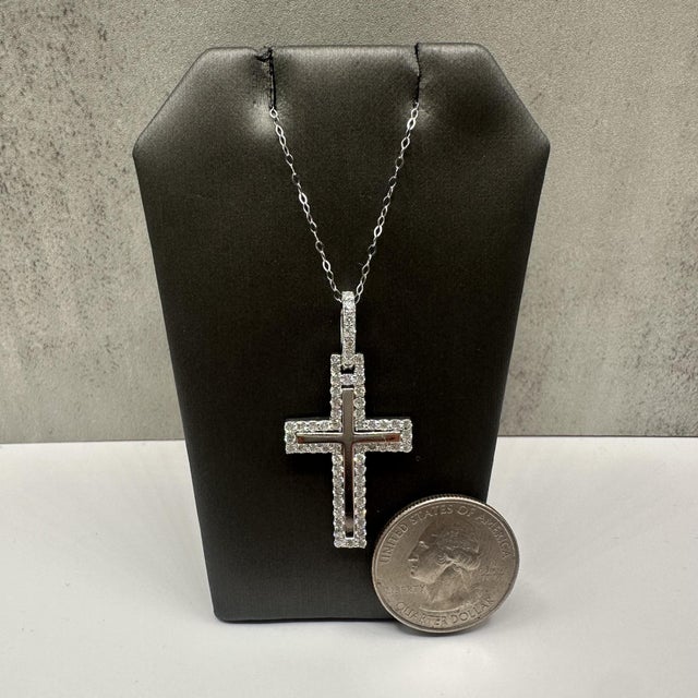 Diamond Cross Pendant Necklace in 14kt White Gold – 1.20ctw, 18in, New For Sale - Image 4 of 5