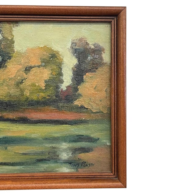 1970s 1970s Signed Landscape Painting of Pond With Autumn Trees in Wood Frame. For Sale - Image 5 of 10