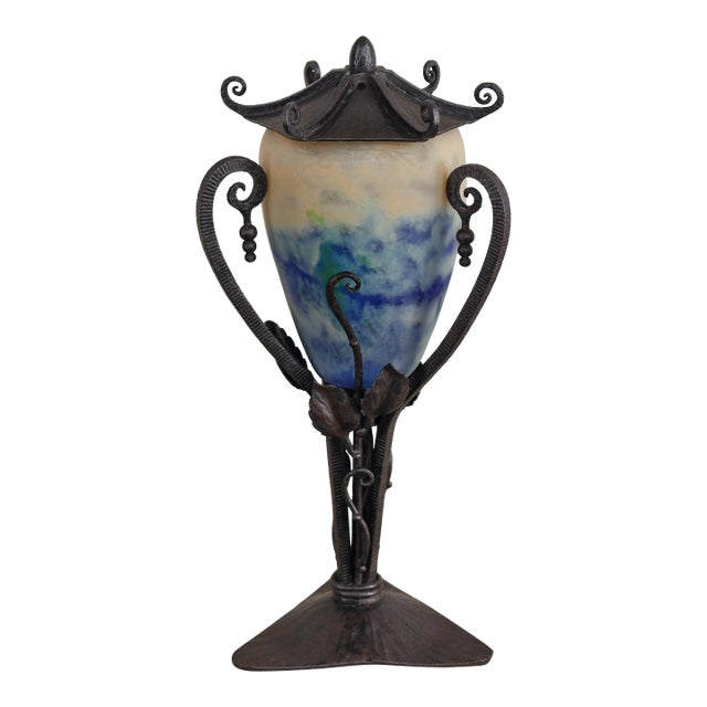 French Art Deco Pagoda Lamp by E. Gauthier & Daum - Wrought Iron 1925 France For Sale