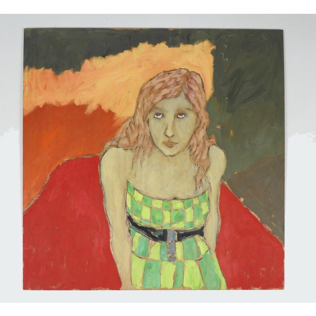 Contemporary Portrait Woman in Green Check Dress Painting For Sale In Seattle - Image 6 of 7