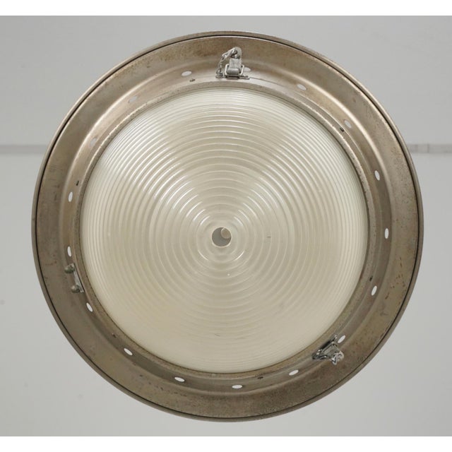 Mid 20th Century Industrial 20 In. Ribbed Glass Brushed Steel Dome Flush Mount Light For Sale - Image 6 of 13