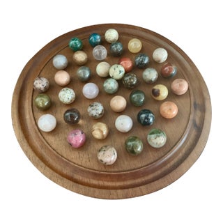 Vintage Wooden Peg Solitaire Game Set 37 Semi Precious Gemstone Mineral Marbles For Sale