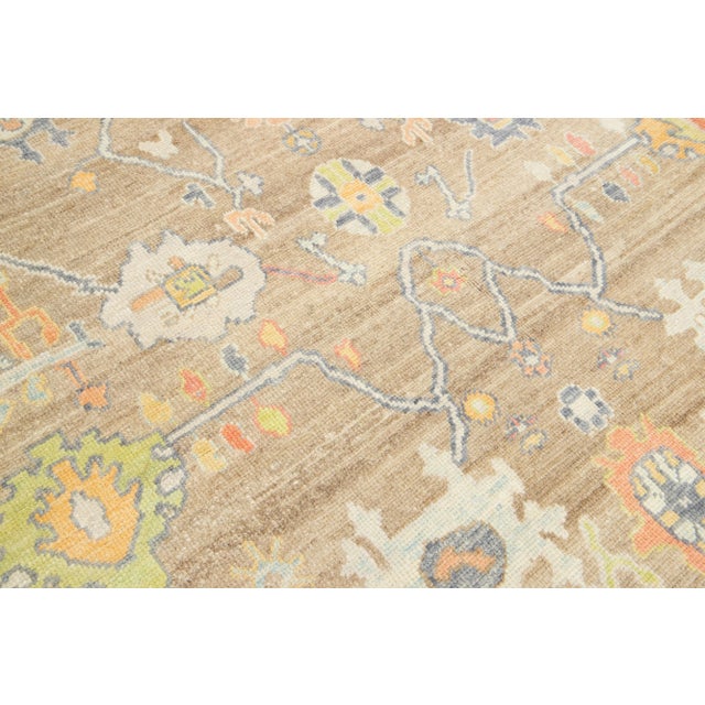 Brown Light Brown Modern Turkish Oushak Wool Rug With Floral Design For Sale - Image 8 of 10