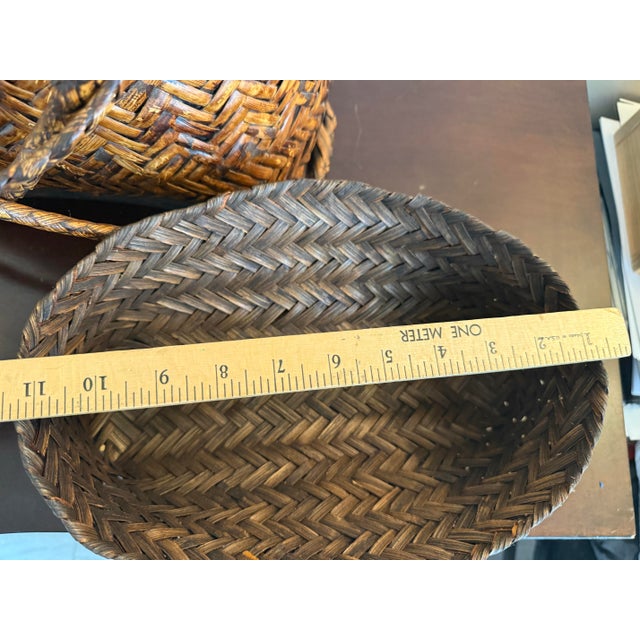 Vintage Asian Woven Rattan Bamboo Rice Traditional Harvest Basket Wicker Backpack For Sale - Image 11 of 11