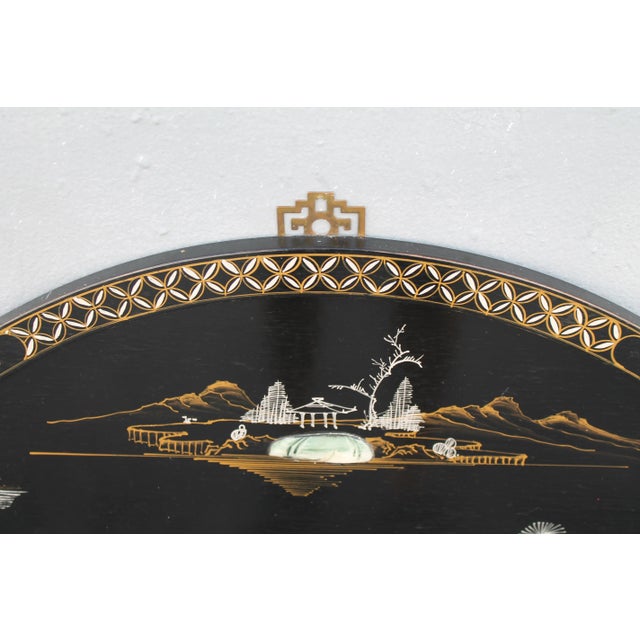 Wood 1940s Asian Chinoiserie Hand Crafted Black Lacquered and Painted Wall Art For Sale - Image 7 of 8