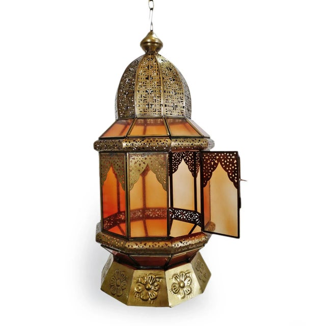 Indian Vintage Moorish Indian Brass & Orange Glass Pendant Light For Sale - Image 3 of 7