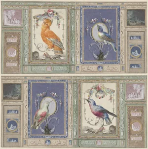 Decorative Ornament and Birds Print in Pastel Colors