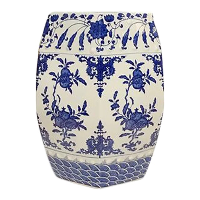 Asian Blue & White Floral Print Garden Stool For Sale