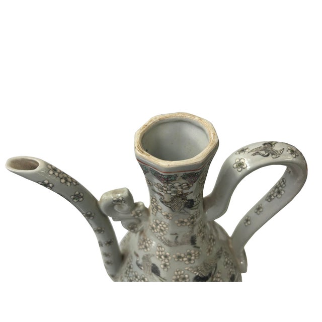 Ceramic Vintage Chinese Cranes Blossom Octagonal Gray Porcelain Wine Jar Art For Sale - Image 7 of 8