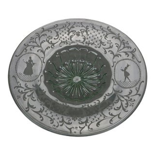 Vintage Light Green Depression Glass 17.5" Charger Bowl With Etched Silhouettes For Sale