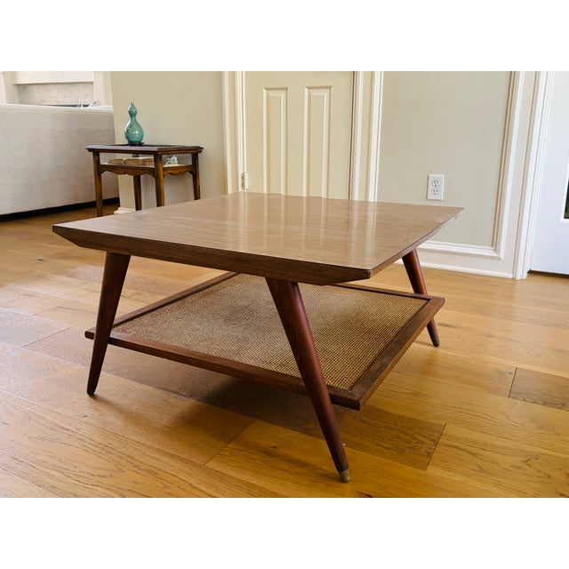 Imperial Furniture Mid-Century Modern Walnut Coffee Table With Woven Cane Shelf For Sale - Image 4 of 14