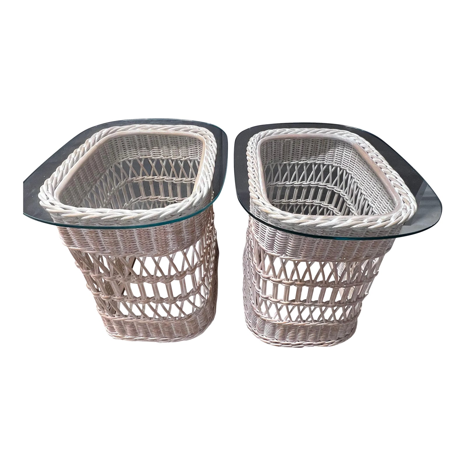 Late 20th Century Set of Woven Rattan and Wicker Whitewashed End Tables ...