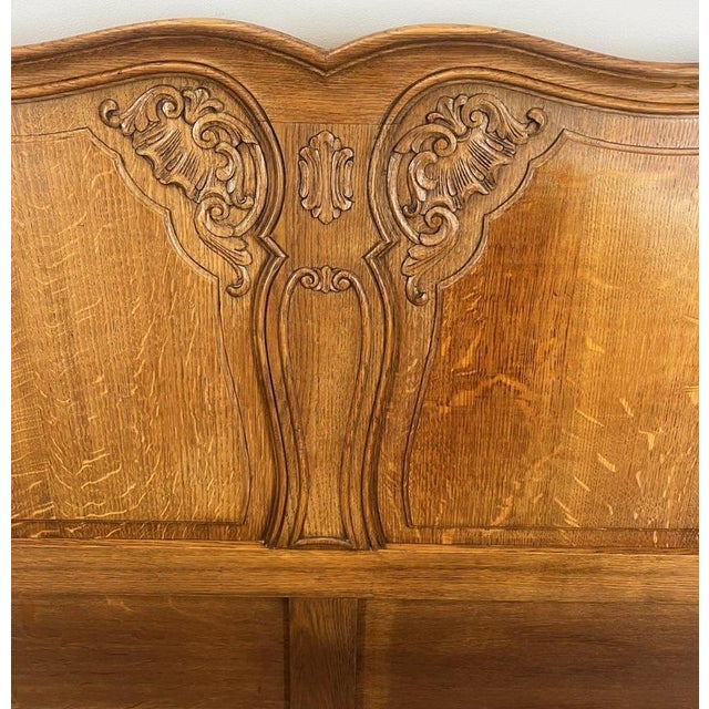 Brown Vintage French Louis XVI Style Oak Double Bed Frame with Carved Headboard For Sale - Image 8 of 11