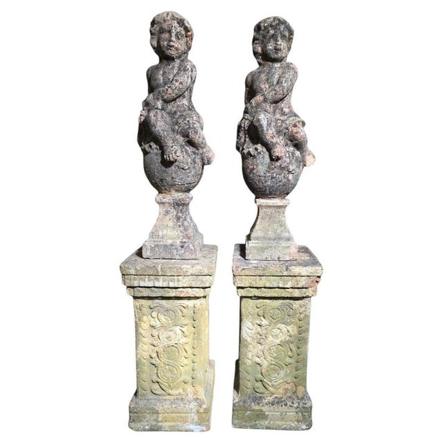 Pair of Italian Cherub Sculptures with Pedest, 1890, Terracotta For Sale - Image 10 of 10