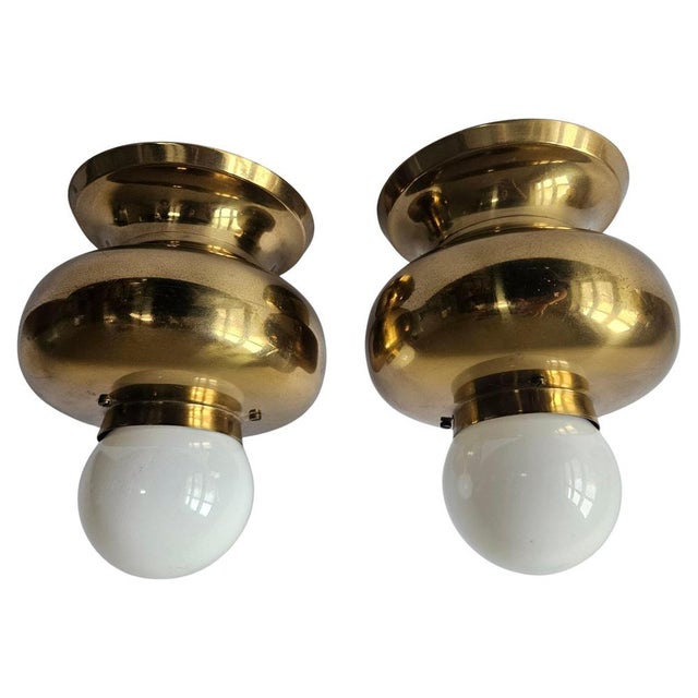 Mid-Century Brass Flush Mounts, Italy, 1970s, Set of 2 For Sale - Image 14 of 14