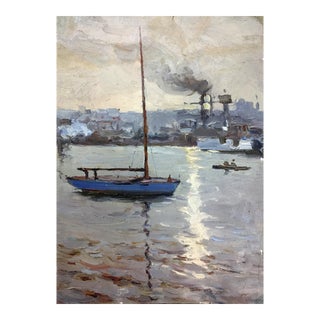 1970s Oil Painting Boat Port Novikovsky Vladimir Ogeevich For Sale