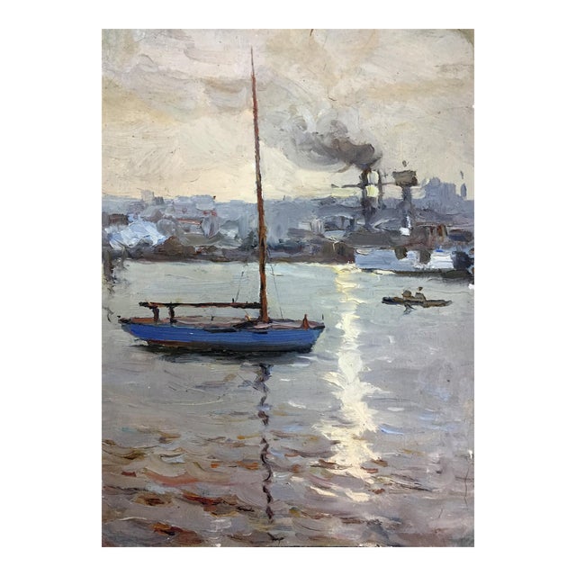 1970s Oil Painting Boat Port Novikovsky Vladimir Ogeevich For Sale