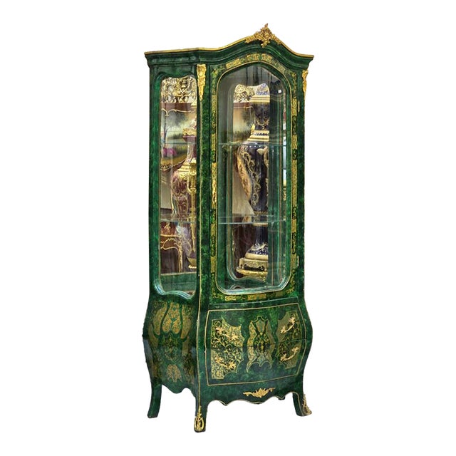 French Style Green Display Cabinet With Gold Leaf Details For Sale
