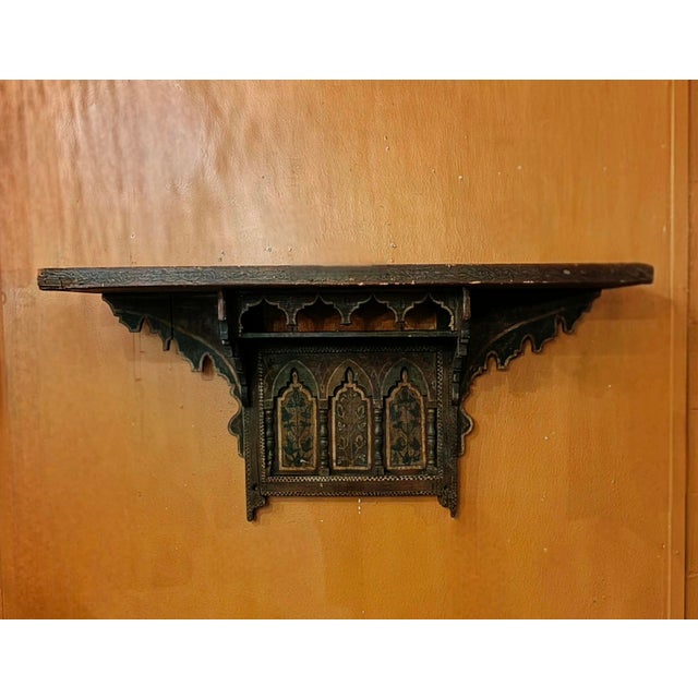 Vintage Moroccan Hand-Carved and Hand-Painted Wooden Wall Shelf For Sale - Image 4 of 12