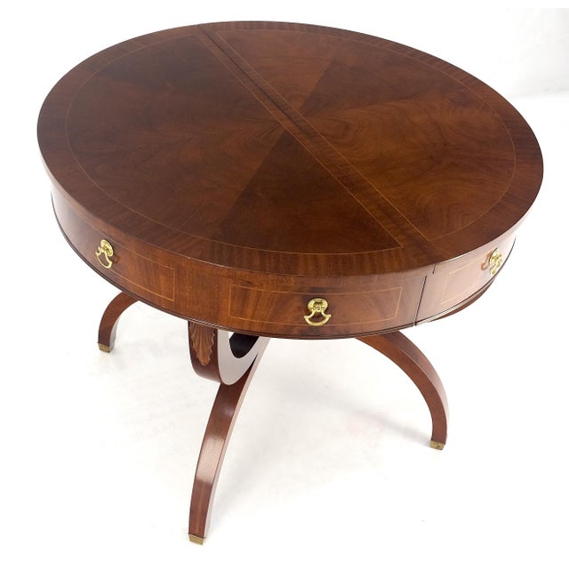 Baker Furniture Company Round Mahogany Single Pedestal Drum to Duning Table w/ 2 Extension Boards Mint For Sale - Image 4 of 12