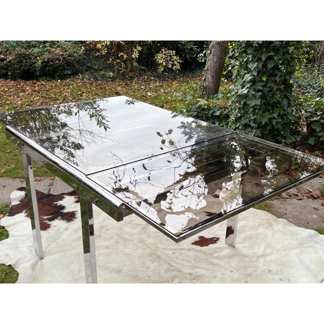 Postmodern 70s Attributed to Milo Baughman Chrome + Glass Extendable Dining Table / Desk Table Square to Rectangular For Sale - Image 6 of 16