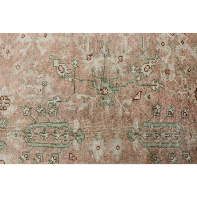 Classic All Over Design Antique Oushak Rug in Light Coral and Light Green For Sale - Image 10 of 12