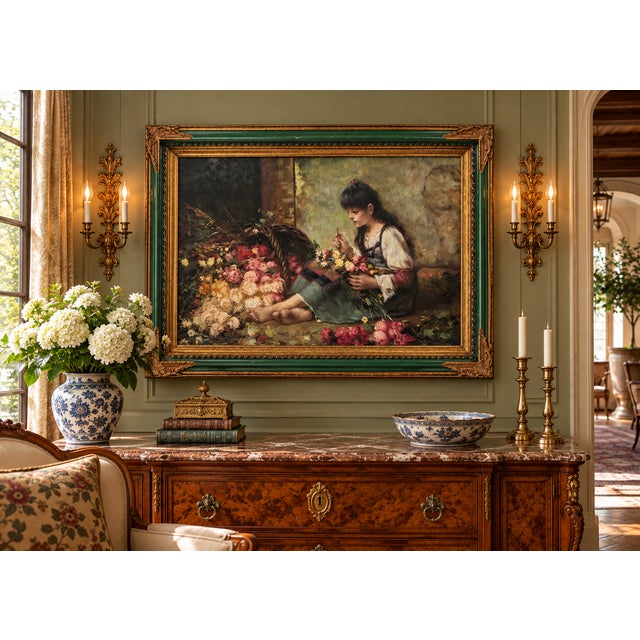 Late 19th Century Attributed Sophie-Vera Bovet Large Vivid Floral Figurative Oil Painting, Green & Gold Gilt Frame For Sale In New York - Image 6 of 17