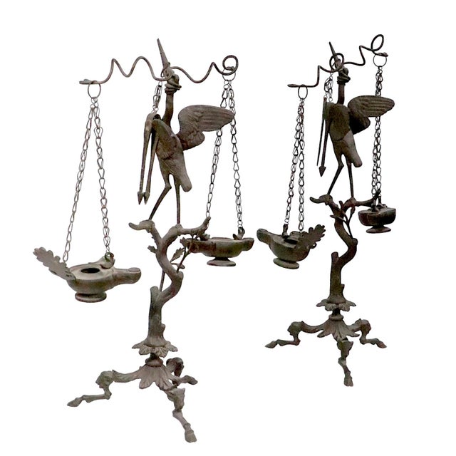 19th C. Grand Tour Candlesticks Bronze Heron Oil Lamps Made in Italy For Sale - Image 14 of 18
