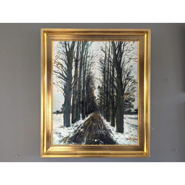 WINTER PATHWAY Size: 20.9 x 17.7 inches (including frame) Oil on canvas A tranquil and atmospheric mid-century landscape...