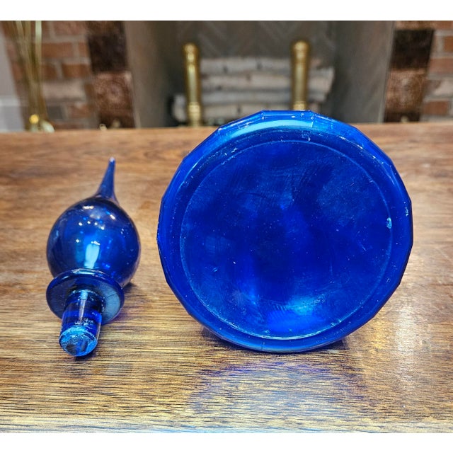 Blue Vintage MCM Empoli Cobalt Blue Italian Glass Genie Bottle With Original Label For Sale - Image 8 of 9