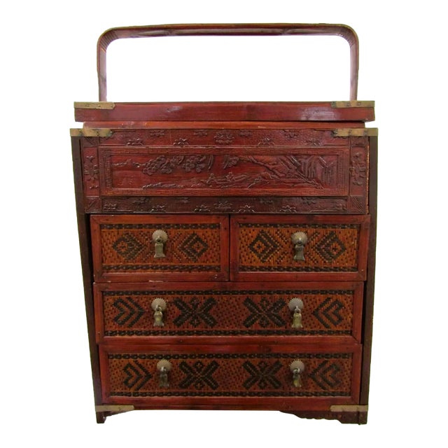 Early 20th Century Antique Chinese Rattan Wedding Gift Box With Four Drawers, Top Tray and Handle For Sale