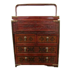 Early 20th Century Antique Chinese Rattan Wedding Gift Box With Four Drawers, Top Tray and Handle
