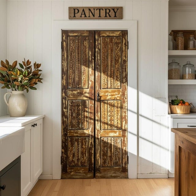 Wood Mid Century Spnaish Style Carved Wood Double Doors With Brass Studs 80 For Sale - Image 7 of 7