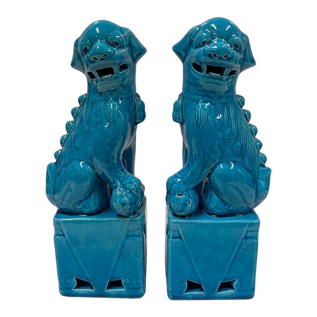 Vintage Chinese Porcelain Turquoise Foo Dog Figurines - A Pair For Sale