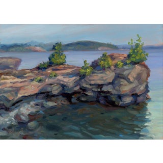 Presque Isle (Day 25) August 16 by Primary Hughes | Oil on masonite Landscape with rocky shoreline and water For Sale