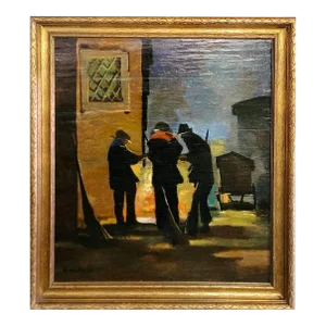 Renato Natali -Street Cleaners Over a Fire During the Cold Night-1930s Oil Painting