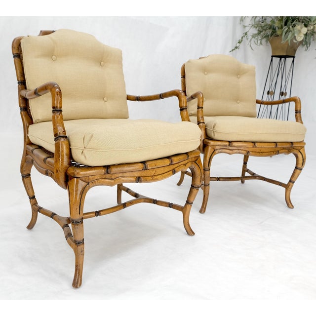 Tan Faux Bamboo Horn Shape Legs New Linen Upholstery Lounge Chairs For Sale - Image 8 of 8