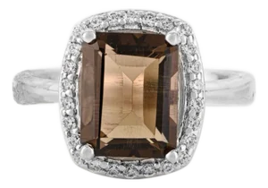 Octagon Smoky Quartz Halo Cz Studded Statement Ring in 925 Sterling Silver - Size 8