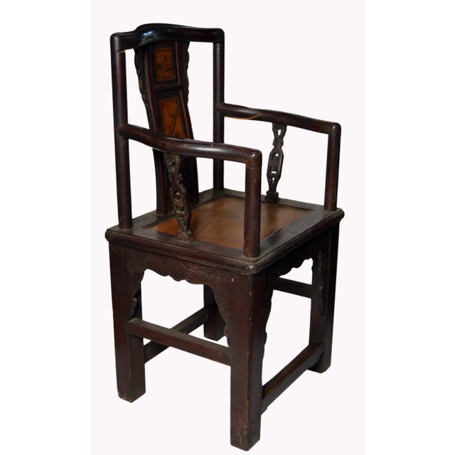Chinese Hand-Carved Yumu Wood Armchair With Painted Scenes For Sale In New York - Image 6 of 8