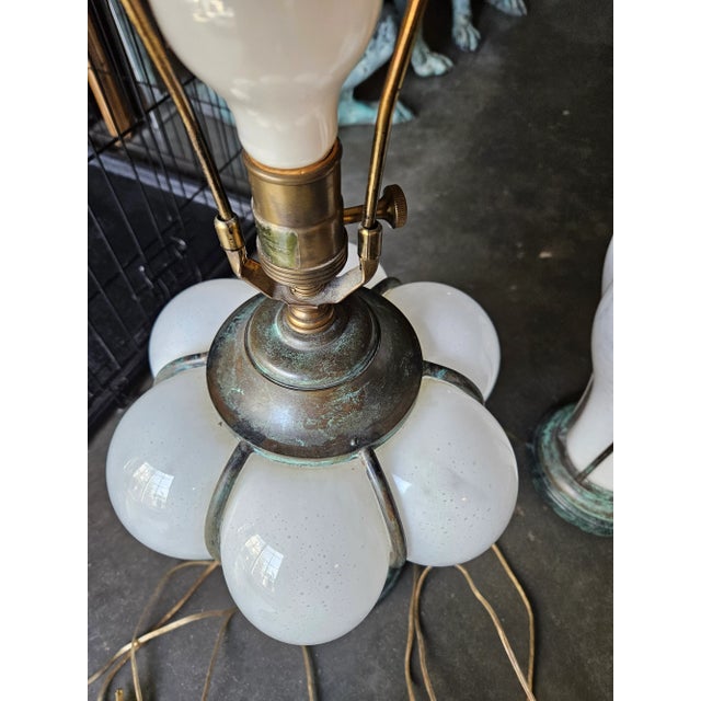 Sarreid Italian Bronze Caged Murano White Glass Lamps - a Pair For Sale - Image 10 of 12