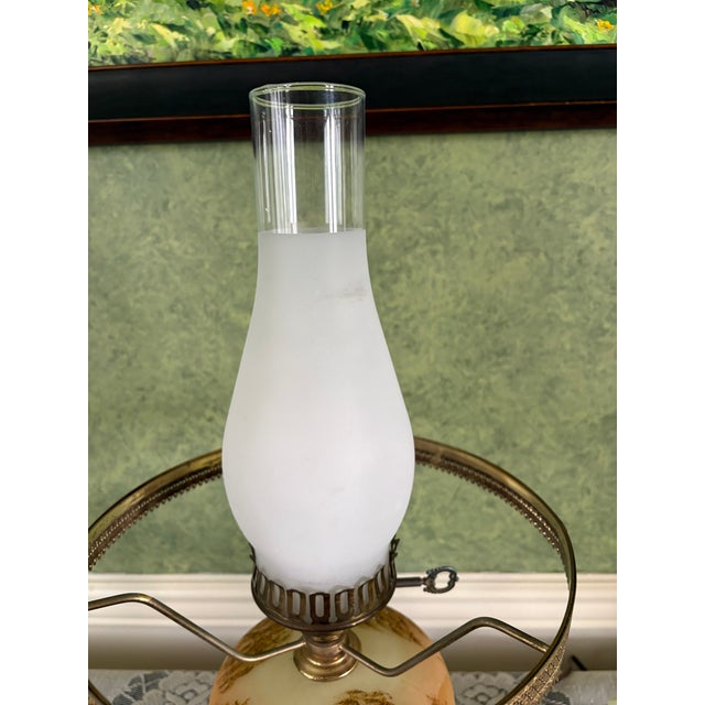 Fenton Log Cabin Hurricane Lamp Hand Painted on Custard Glass For Sale - Image 12 of 14