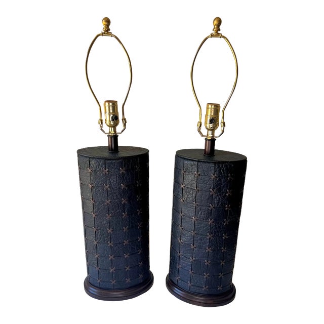 Vintage Black Leather Patchwork Cross Stitch Table Lamps; A Pair For Sale