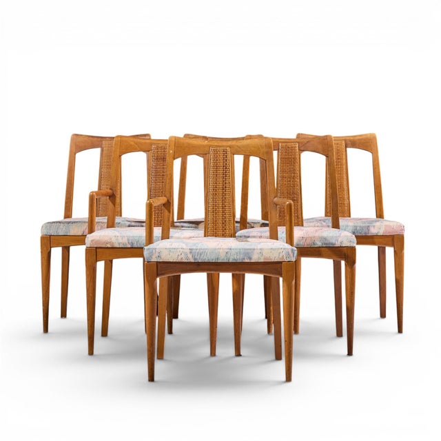 Ramseur Mid Century Walnut and Cane Dining Chairs - Set of 6 Each armless chair measures: 18.5 wide x 21 deep x 32.75...