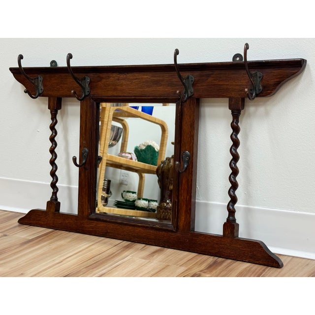 Antique English Oak Hall Tree Mirror With Barley Twist Hooks C 1900 For Sale - Image 4 of 7