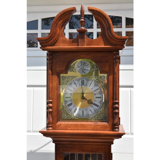 Howard Miller Cherry Grandfather Clock Mechanical Triple Weight Pendulum For Sale - Image 11 of 18